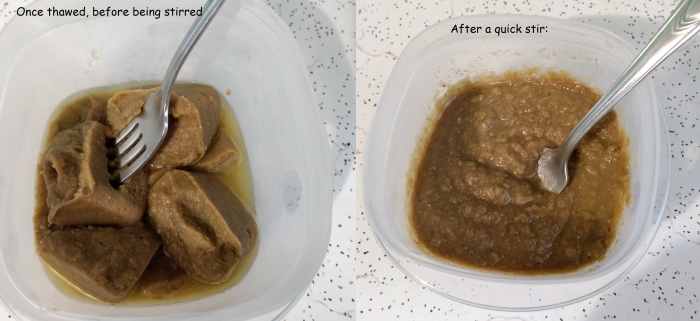 Lentils and mixed veggies looking particularly gross upon thawing in the fridge... but after a quick stir, the "cubed" baby food goes back to that expected baby-food consistency you had originally frozen!