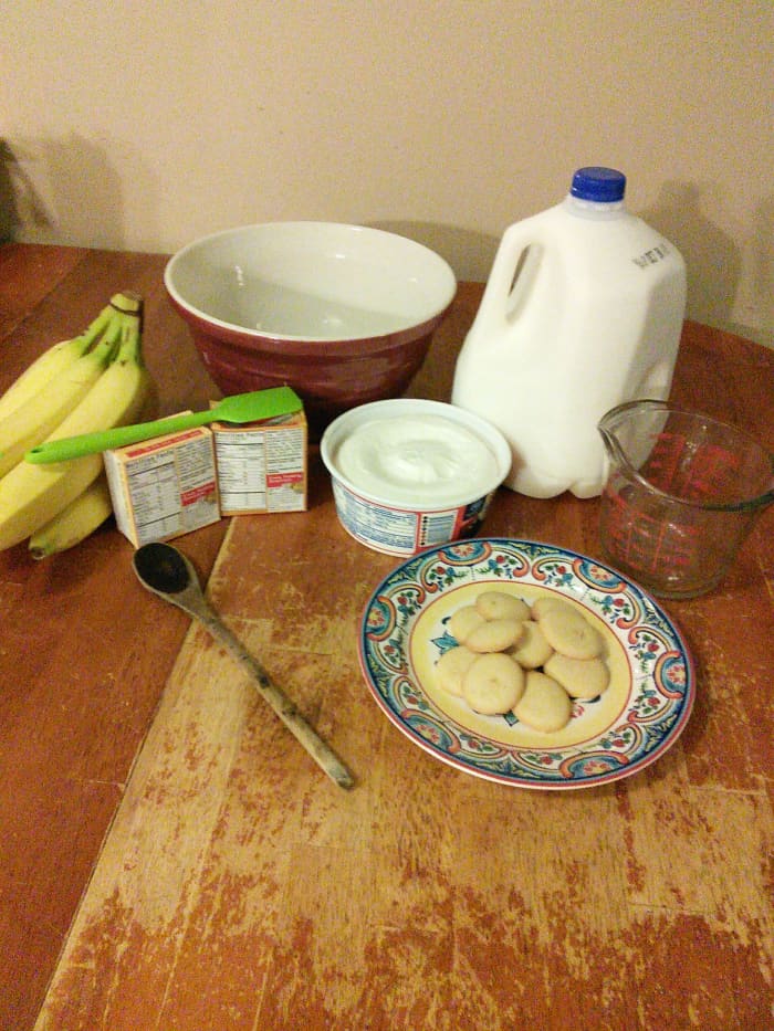 Gather all your supplies: 3 large bowls, a measuring cup, a spatula, a spoon if need be but preferably a whisk. You will also need banana cream and french vanilla pudding mix, whipped cream, milk, vanilla wafers, bananas.