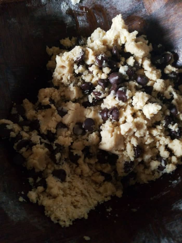 Stir in vanilla, water, and vegetable oil. Mix well, then stir in chocolate chips. This chocolate chip cookie dough looks good enough to eat!
