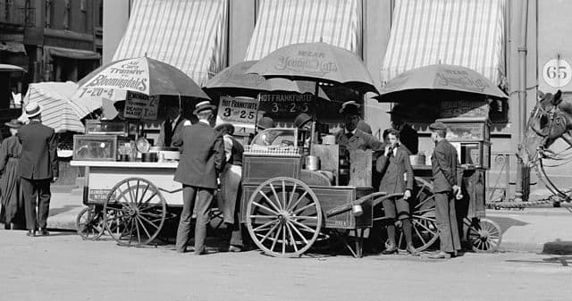 Carts selling frankfurters in New York City, circa 1906. The price is listed as "3 cents each or 2 for 5 cents."