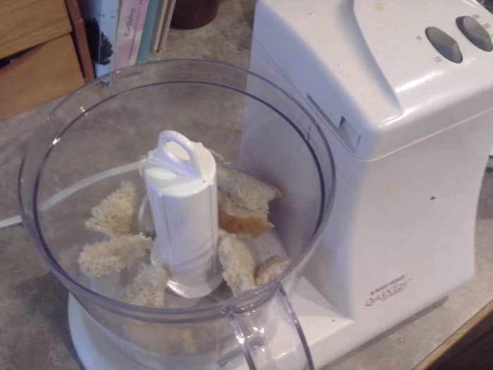 Step Three: For your chicken breading, start by processing your single slice of bread in the food processor