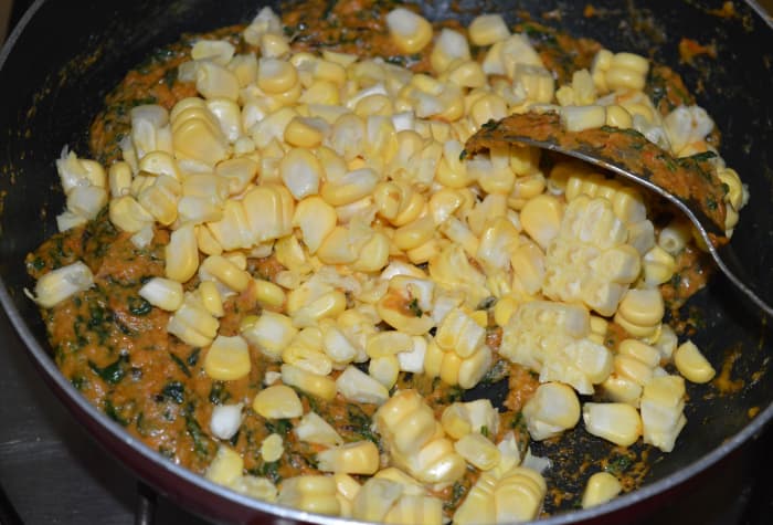 Step five: Add corn and half a cup of water. Cook the mix for five minutes or until the mixture becomes thick.