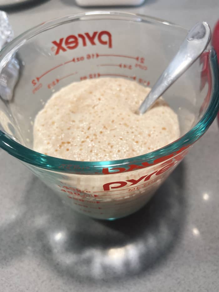 In a small pitcher, combine the water, yeast, and sugar. Let the mixture dissolve and set aside for 5 minutes.