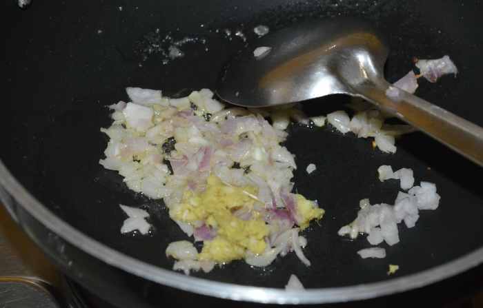 Step one: Heat butter or oil in a deep-bottomed pan. Add chopped onions and ginger-garlic paste. Saute until you get a nice aroma of the roasted spices.