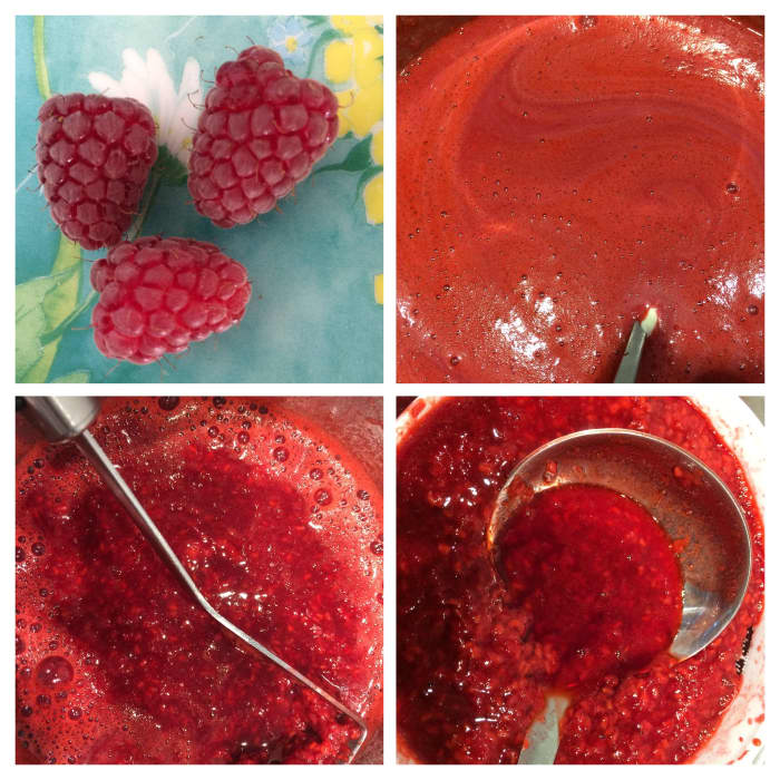 Prepare the fruit. Top left: Fresh loganberries; Bottom left: mash the fruit; Bottom right: push through a sieve; Top right: stir in the condensed milk