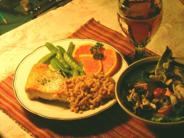 Salmon, sugar snap peas, brown rice, and orange slices. Even when you already have something green, it helps.