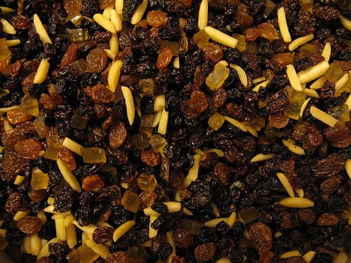 This is NOT what your fruitcake's fruit mix should look like. The cherries and pineapple should be prominent, not the raisins.