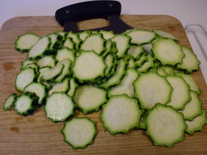 This are slices of "Gadzukes!"--a ridged, hybrid zucchini variety with a strong, nutty flavor. They make beautiful chips.