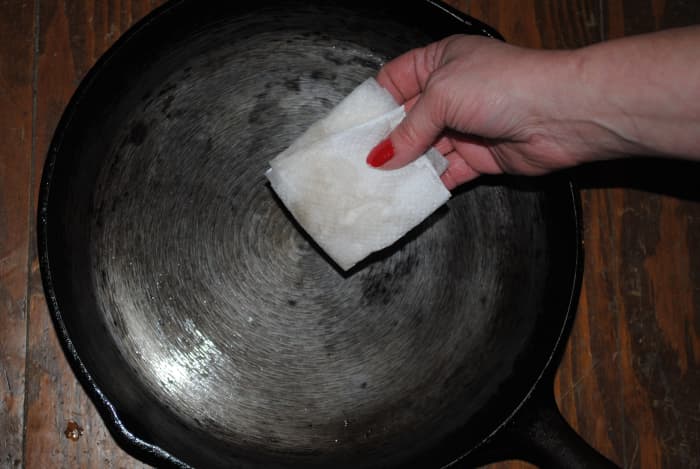 The only thing left on this towel is clean oil - the skillet is now truly clean.