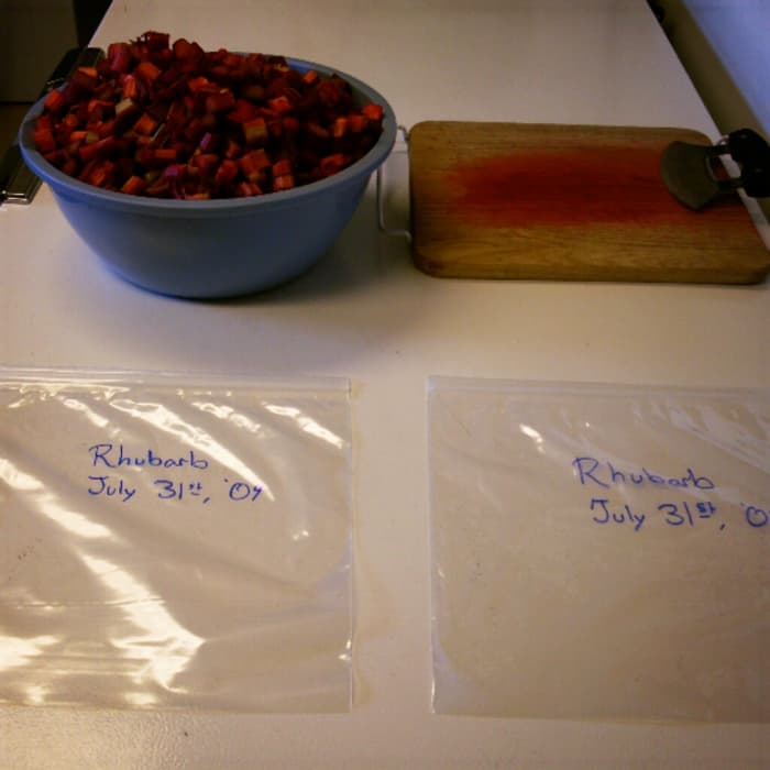 This looks like a lot of rhubarb, but it won't quite fill these two 1-gallon sacks. Estimate the best you can, and pre-label, so condensation won't affect the ink.