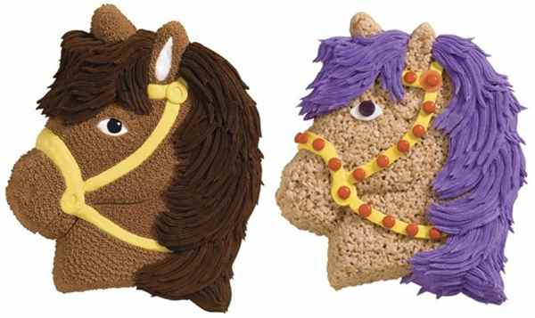 These were made with a horse shaped cake pan. The cake on left is iced by starring in buttercream icing. On the right, the cake is made of Crispy Treats, with icing added for the mane, eyes, and halter.