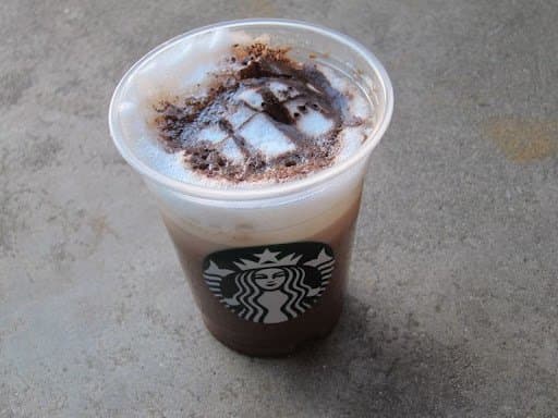 An example of an Iced Cocoa Cappuccino - a limited edition drink that can still be made in the store with Mocha syrup and Mocha Drizzle or Chocolate Powder.