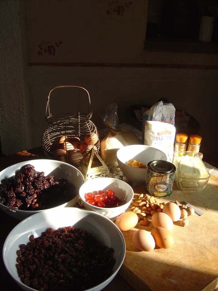 Christmas cake ingredients. (I forgot to add baking powder and vinegar. I also had to substitute prunes for currants.)