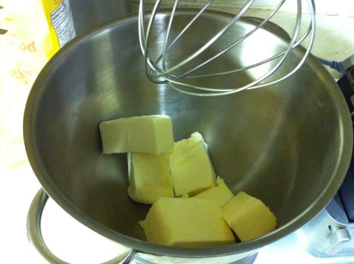 Beat butter until creamy. In this picture I started out with the whipping attachment and then switched to the paddle, which worked much better.