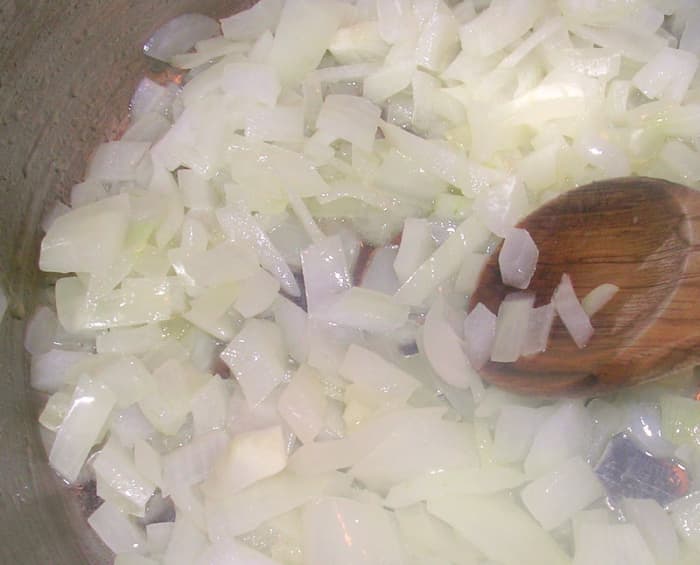 Onions cooking slowly in butter smell heavenly and look beautiful as they become translucent.