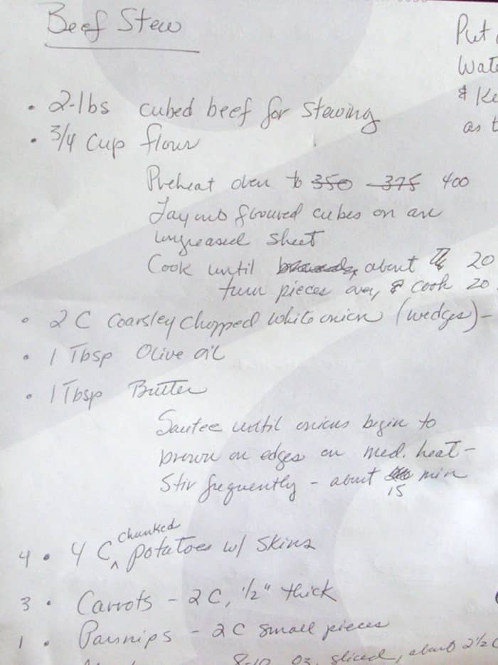 These detailed notes show the order in which I created the beef stew. The organization and format of this first draft will change dramatically by the time the recipe is finally written.