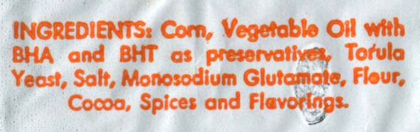 The original ingredients: photographic Evidence that the new Taco Doritos are not the same! (The original image is of the entire bag, I just cropped and enlarged the ingredients list.)
