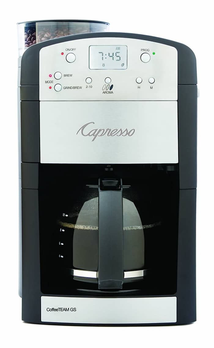 The Capresso 464.05 CoffeeTeam GS Digital Coffeemaker with Conical Burr Grinder.