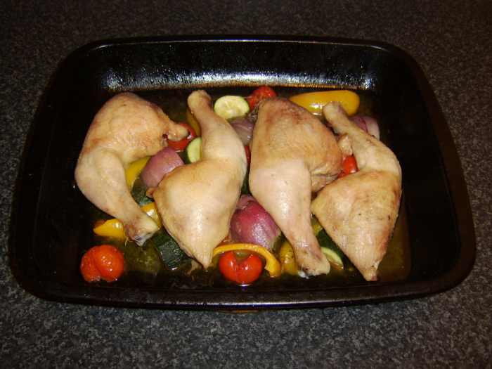 Chicken leg portions are beautifully browned and crsiped, while the vegetables are succulent in the chicken juices