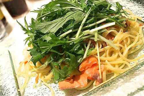 Mizuna, pasta, and salmon