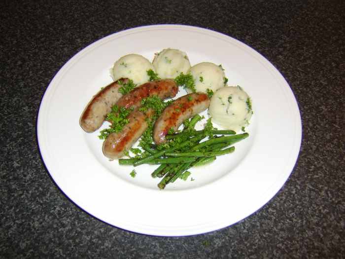 Simple bangers and mash and beans doesn't have to mean ordinary supermarket bangers, packet mash and baked beans in tomato sauce...