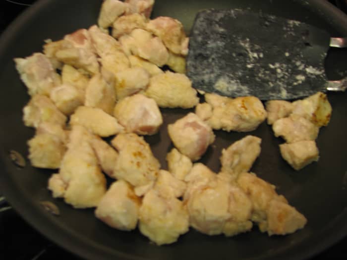 3. Add sauce. As you stir, the pieces will get brown. If they get brown too fast, turn down the heat. When they are all cooked through, pour on the honey (or other sauce) and stir. It will start to bubble and get a bit thick