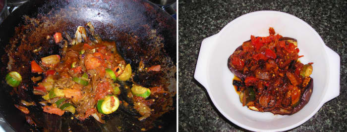 On left: Onion, eggplant, courgette and tomatoes frying in a pan On right: Eggplant or aubergine skins stuffed with fried onion, eggplant, courgette and tomatoes.
