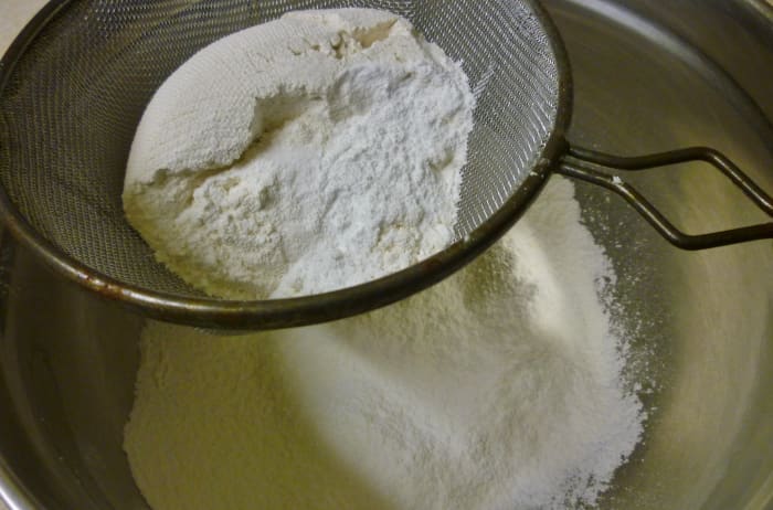 Sift the flour, baking soda, baking powder and salt together into a bowl.