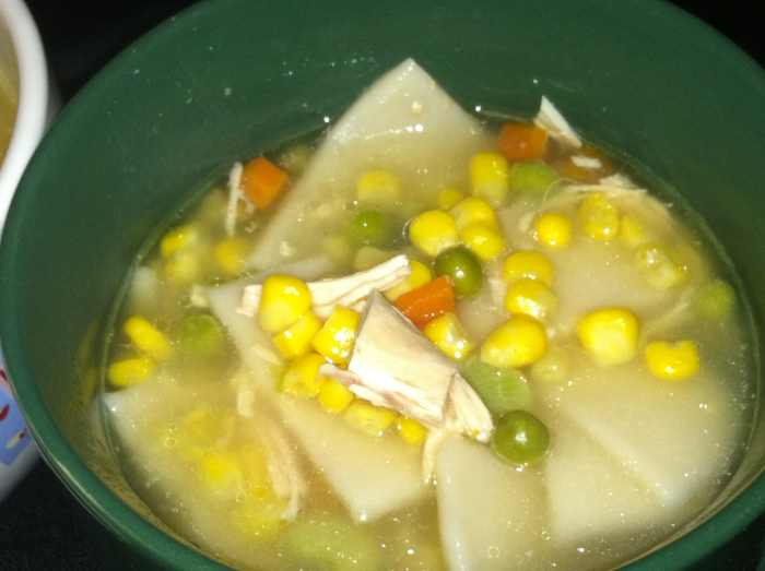 Turkey and Dumpling Soup made with diced leftover turkey, mixed vegetables, and frozen dumplings