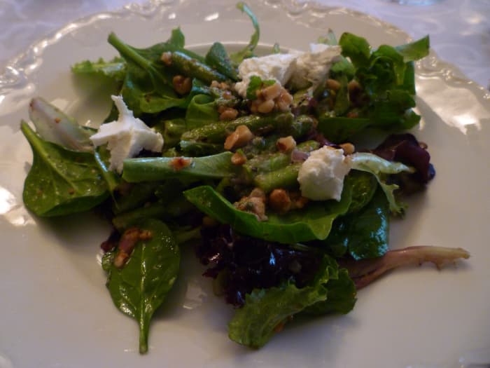 Mixed baby greens, ground walnuts, goat cheese, pieces crisp/tender asparagus & the French Roasted Walnut Oil along with a splash of white wine vinegar made for this tasty salad combination.