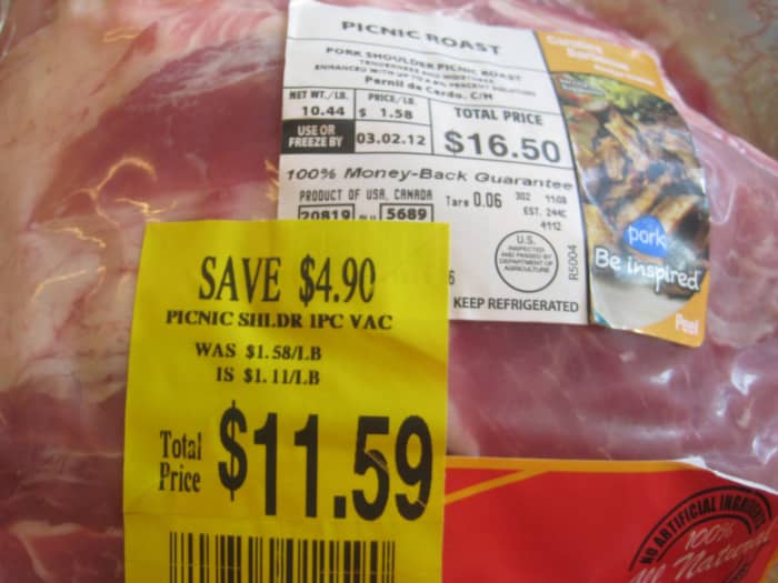 This picnic roast was already a bargain at $1.58 per pound, but I was able to snag it for $1.11 per pound. I typically prefer a pork loin for lean meat with little waste.