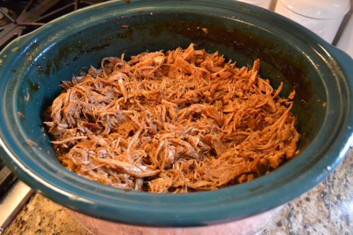 Ready to eat! The crock pot itself looks quite messy at this point; consider transferring the meet to a serving dish if you are expecting company.
