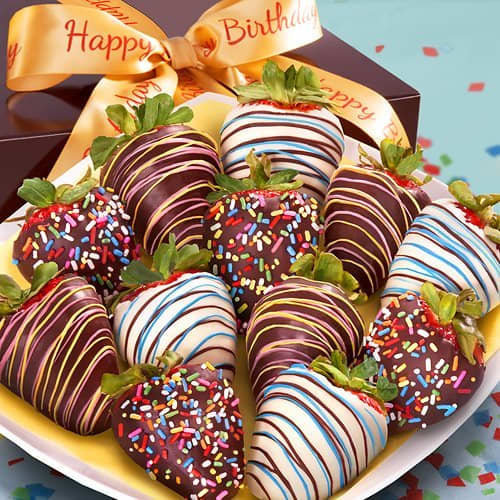 Happy Birthday colorful chocolate decorated strawberries