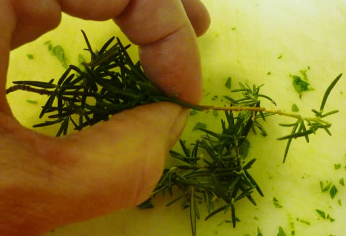 To remove the rosemary leaves from the stem, just use your fingers and pull up towards the tip of the branch to remove the individual leaves.