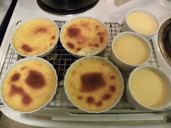 Finished crème brûlée. The ramekins on the right are the ones I normally use, and the constency you want to shoot for. I slightly toasted the ones on the left.