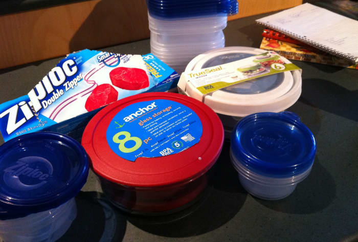 Stock up on bags, tupperware and other reusable and disposable containers for your freezer meals.