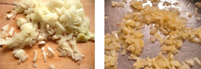 The photos above allow you to see how onions look when “translucent.” For comparison I have included raw onions on the left, and translucent on the right.