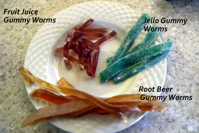 Three types of gummy worms: Fruit Juice, Root Beer, and Jello recipes.