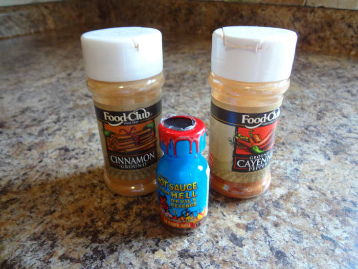 These are the spices you will need for the chicken: cayenne pepper, cinnamon, and a hot sauce of your choice.