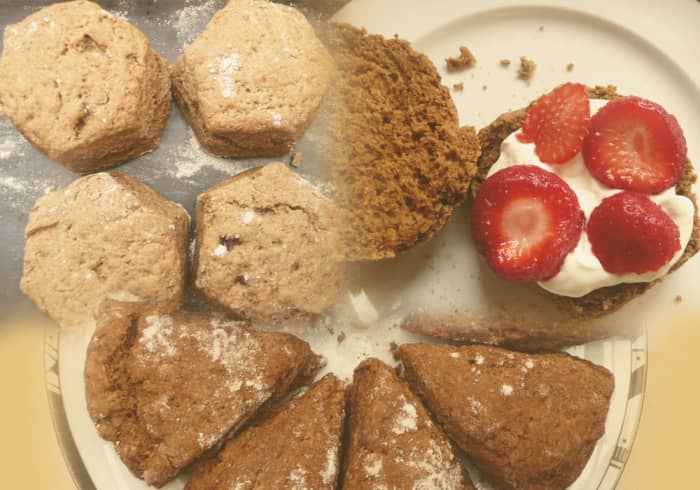 Scones hot from the oven: in wedges or hexagons, and with cream and strawberries.