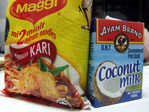 Curry Instant Noodle and Package Coconut Milk that I use for this Mee Kari Recipe