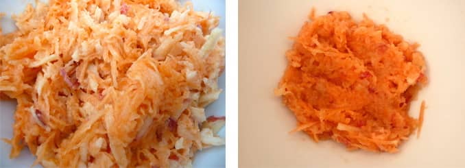The salad on the left has coarsely grated apple. The one on the right has finely grated; perfect for babies, but perhaps a bit mushy for you!