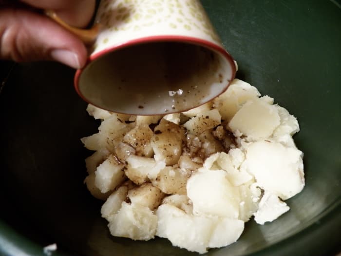Step 1: Boil, peel and chop potatoes and eggs and mix together in a bowl. Pour Italian salad dressing on potatoes and eggs and mix gently. (Note: You can refrigerate at this point and finish later if you want)