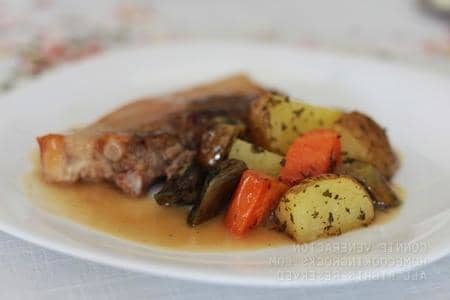 Here we have country style pork ribs cooked with vegetables. My Grandma used to make this all the time and it's delicious.