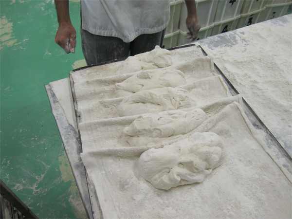 Roughly formed loaves resting before final shaping for final rise. 