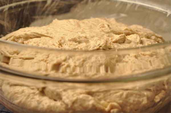 Start of bulk fermentation. The dough is dense and sticky. 