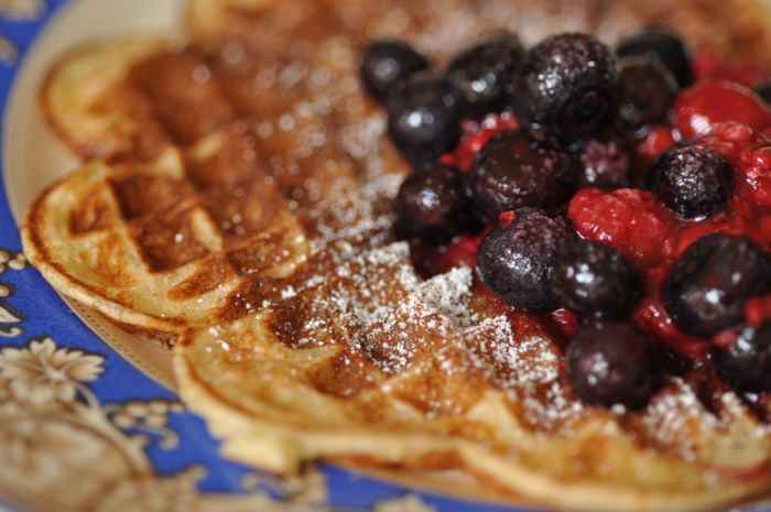 Buttermilk sourdough waffles with blueberry and raspberry compote.  Image: © Siu Ling Hui