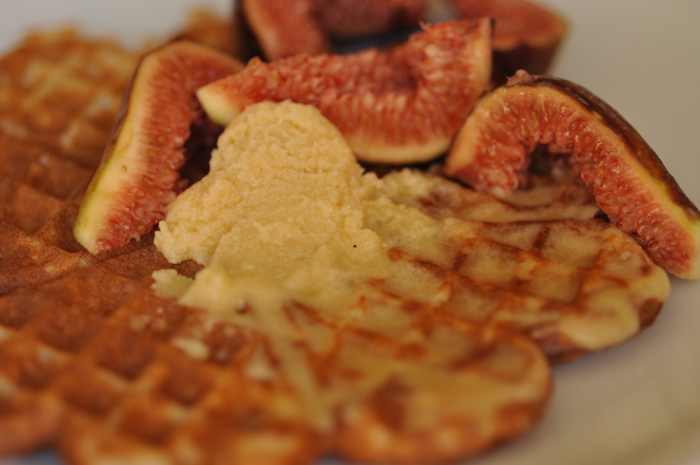 Sourdough starter waffles with honey butter and fresh figs. Image: © Siu Ling Hui
