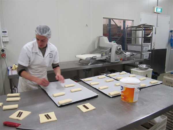 Making chocolate croissants. 