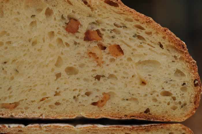A close up of the crumb of the lard, garlic and rosemary bread. Image: © Siu Ling Hui